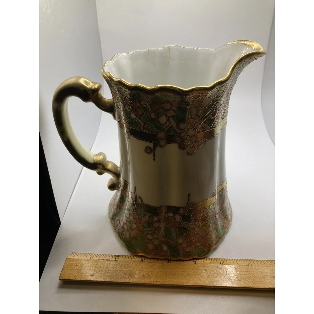 Antique Nippon Hand Painted Moriage Floral Pitcher Gold Gilt‎ Porcelain Cottage